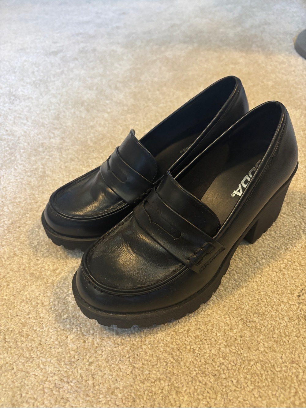 Soda Black Chunky Lug Sole Block Heel Loafers